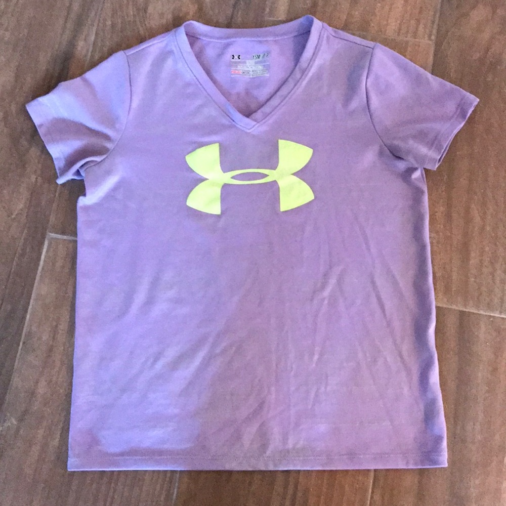 Girls Under Armour purple and green tee.